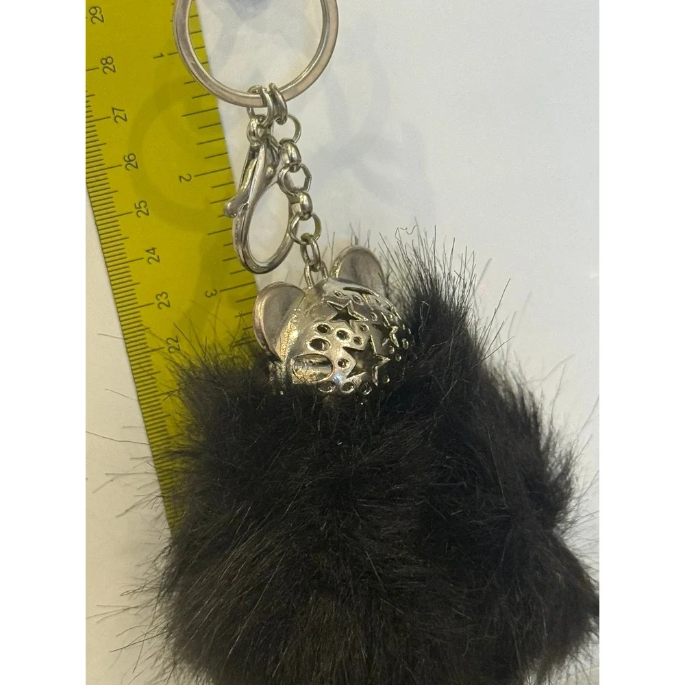 Black Faux Fur Pom Pom Bear Keychain Rhinestone Bag Charm Silver Tone Star Back